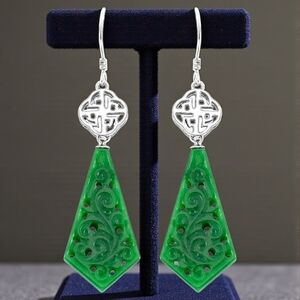 Burmese Jade Carved Dangle Earrings in Rhodium Over Sterling Silver 24.40 ctw